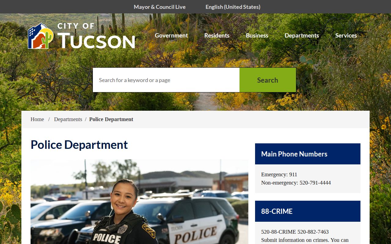 Official Tucson Police Department webpage with police services and public information
