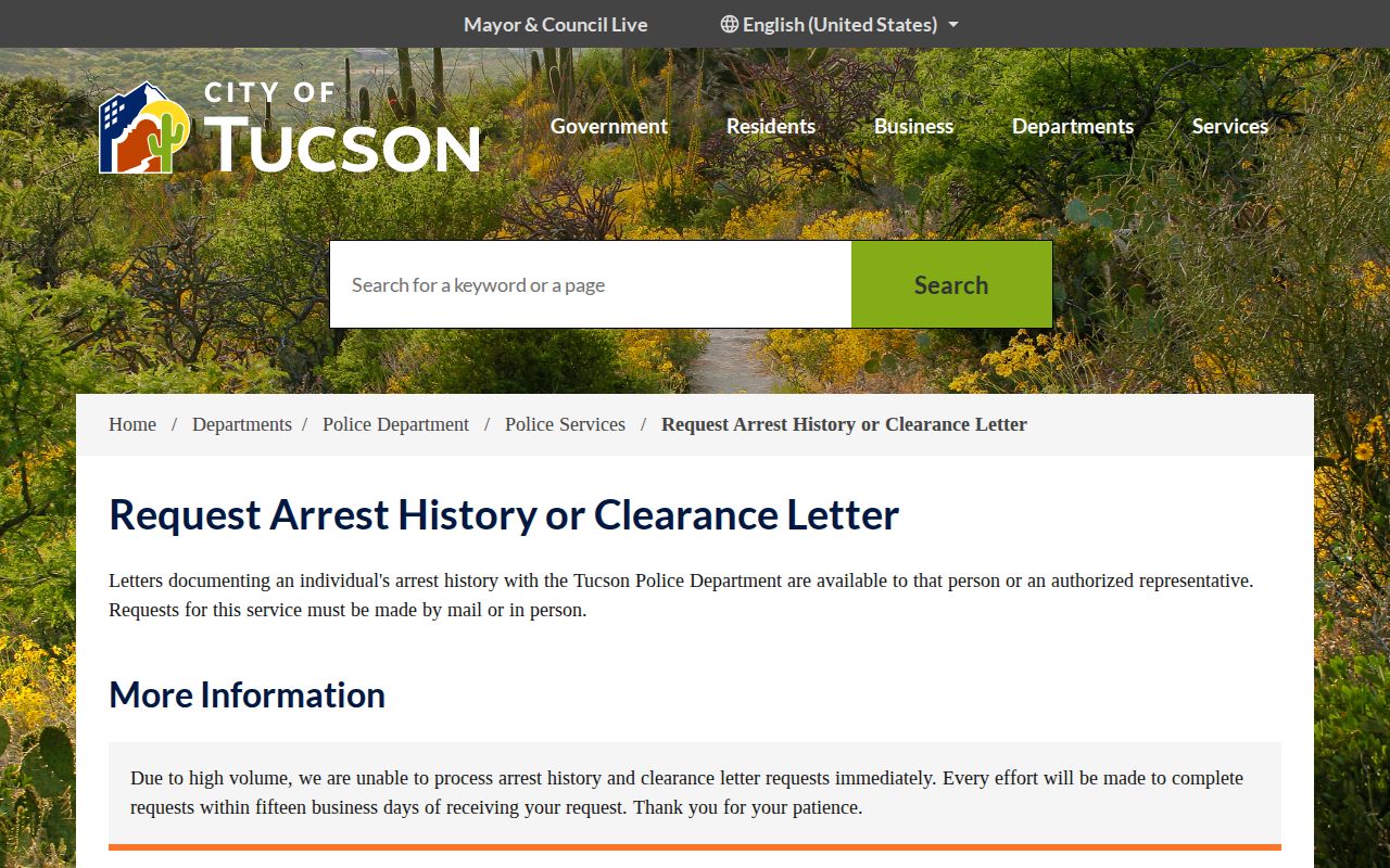 Tucson Police Department arrest history request instructions