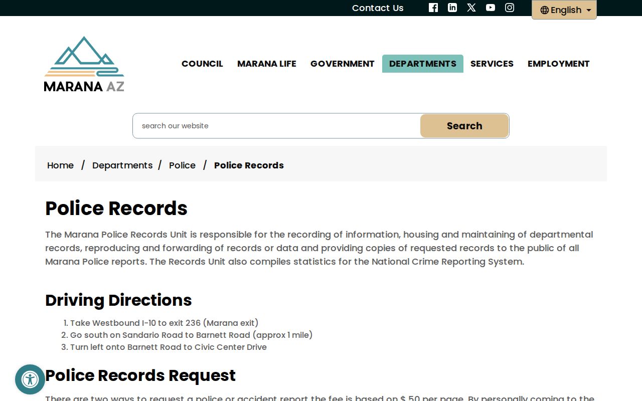 Marana Police Department public records request webpage