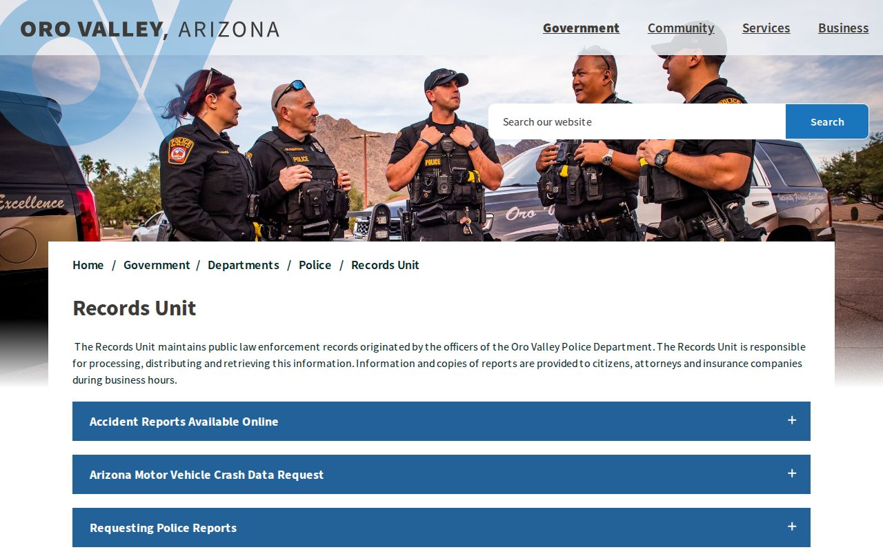 Oro Valley Police Department Records Unit webpage with request information