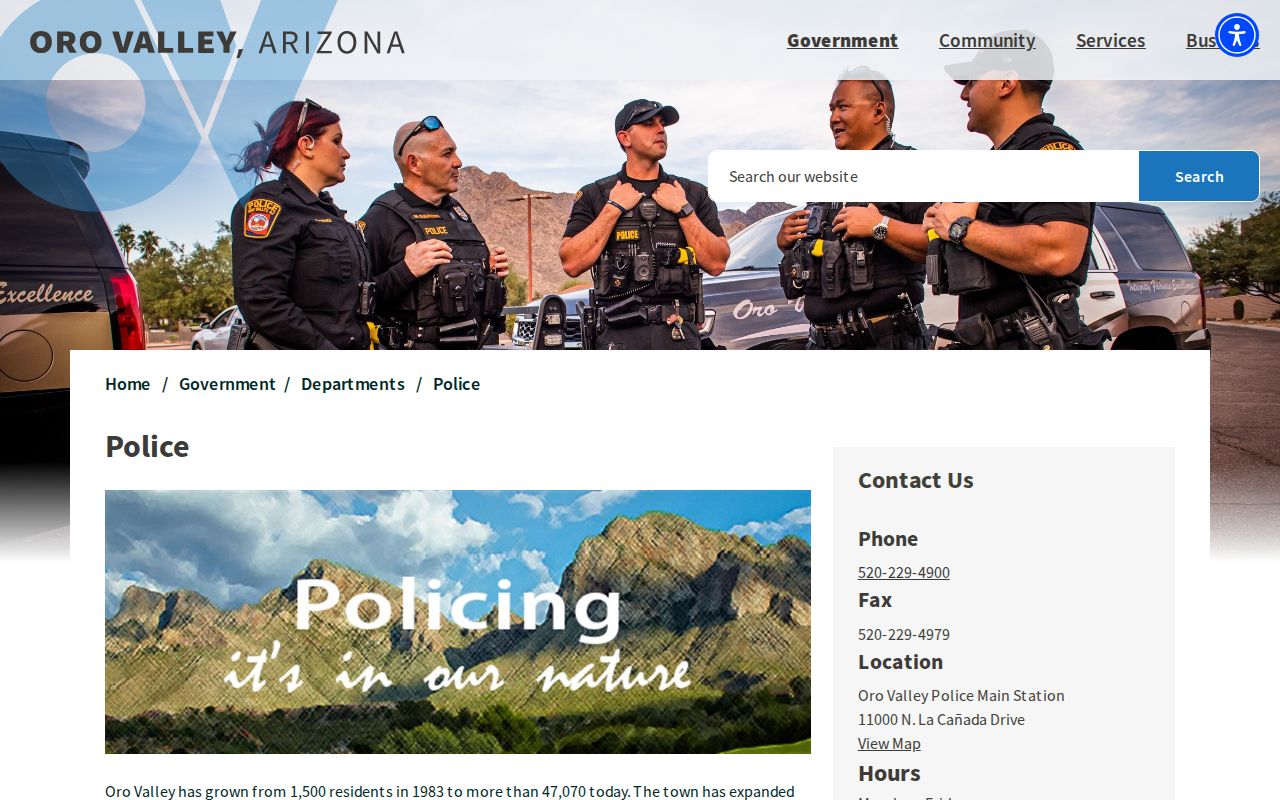 Official Oro Valley Police Department webpage with department services