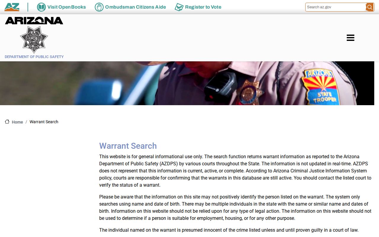 Pima County arrest warrant search through Arizona DPS